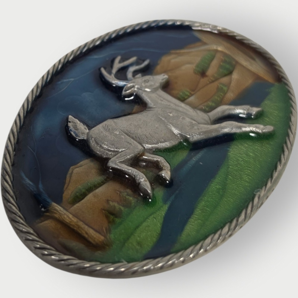 Vintage 1980 Great American Buckle Co Jumping Deer Enamel Belt Buckle H472 - Picture 2 of 7